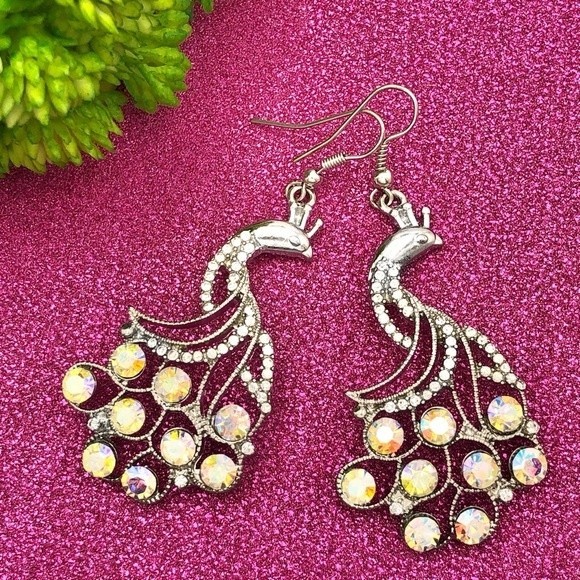 Peacock Bird AB Iridescent Rhinestone Silver Formal Dangle Earrings - Picture 1 of 2
